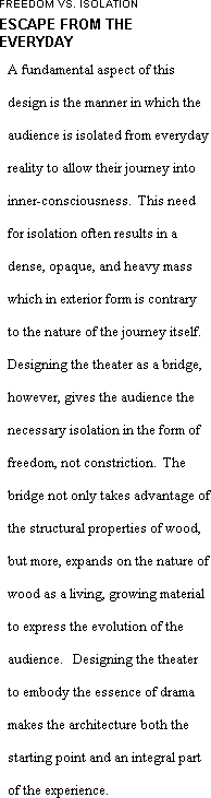 A fundamental aspect of this design is the manner in which the audience is isolated from everydayreality to allow their journey into inner-consciousness.  This need for isolation often results in a dense, opaque, and heavy mass which in exterior form is contrary to the nature of the journey itself.  Designing the theater as a bridge, however, gives the audience the necessary isolation in the form of freedom, not constriction.  The bridge not only takes advantage of the structural properties of wood, but more, expands on the nature of wood as a living, growing material to express the evolution of the audience.   Designing the theater to embody the essence of drama makes the architecture both the starting point and an integral part of the experience.